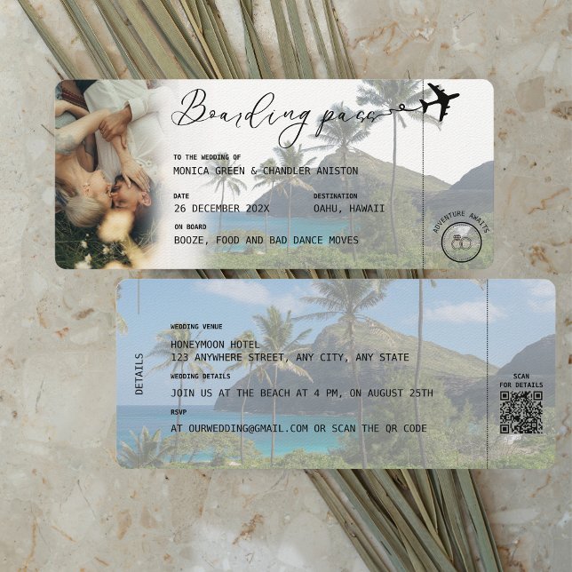 Invitación Boda fotográfico QR del pase de abordaje tropical  (Subido por el creador)