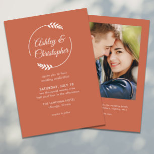Invitación Boda fotográfico rojo de cobre con marco de follaj