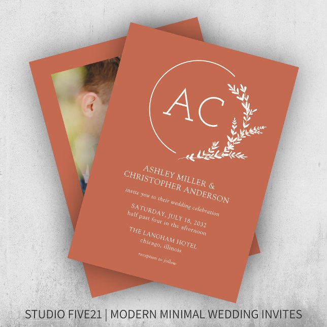 Invitación Boda fotográfico rojo de cobre con marco de follaj (Subido por el creador)