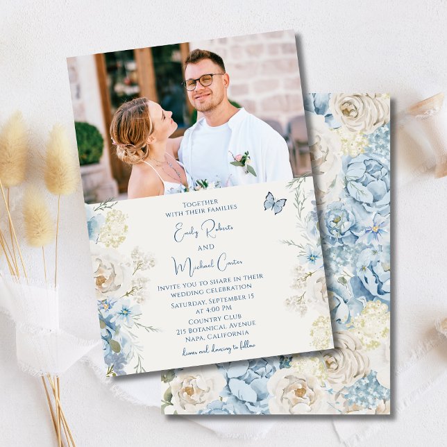 Invitación Boda fotográfico romántico con flores azules (Subido por el creador)