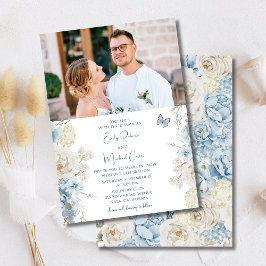 Invitación Boda fotográfico romántico con flores azules