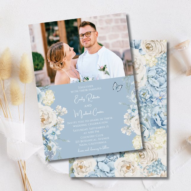 Invitación Boda fotográfico romántico con flores azules (Subido por el creador)