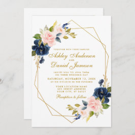 Invitación Boda fotográfico rosa azul floral de oro geométric