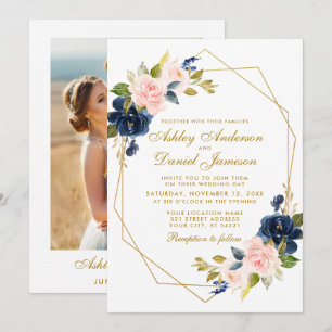 Invitación Boda fotográfico rosa azul floral de oro geométric
