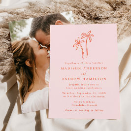 Invitación Boda fotográfico rosa de palmeras dibujadas a mano