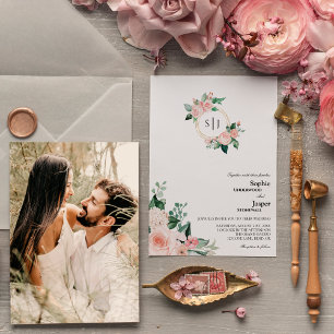 Invitación Boda fotográfico Rubor Floral White Monogram