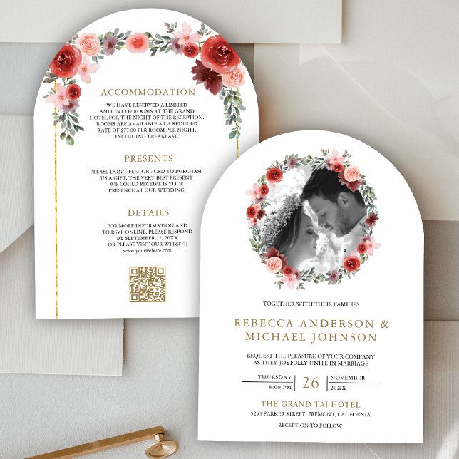 Invitación Boda fotográfico Rubor Pink Burgundy Floral Arch (Subido por el creador)