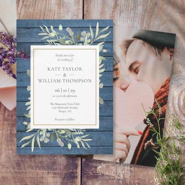 Invitación Boda fotográfico ruso de la Marina Blue Greenery G (Navy Blue Greenery Gold Rustic Photo Wedding Invitation)