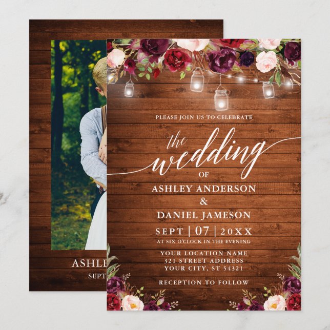 Invitación Boda fotográfico Rústico Floral Jar alumbra caligr (Anverso / Reverso)