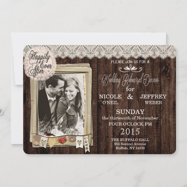 Invitación Boda fotográfico rústico para la cena (Anverso)