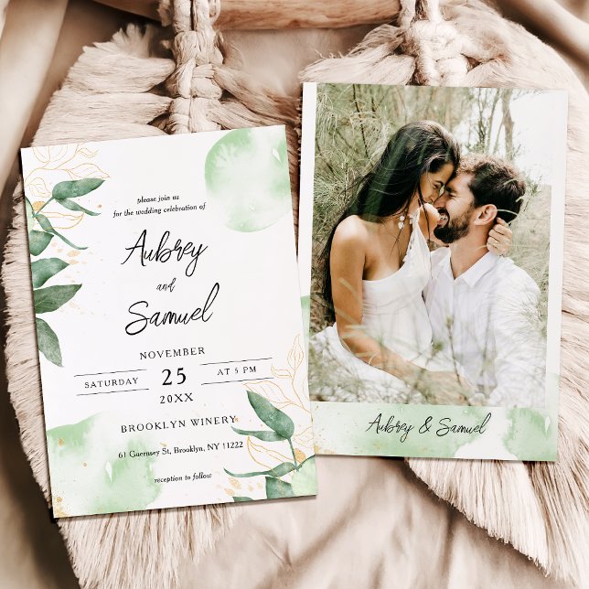 Invitación Boda fotográfico Sage Green Gold Eucalyptus (Subido por el creador)