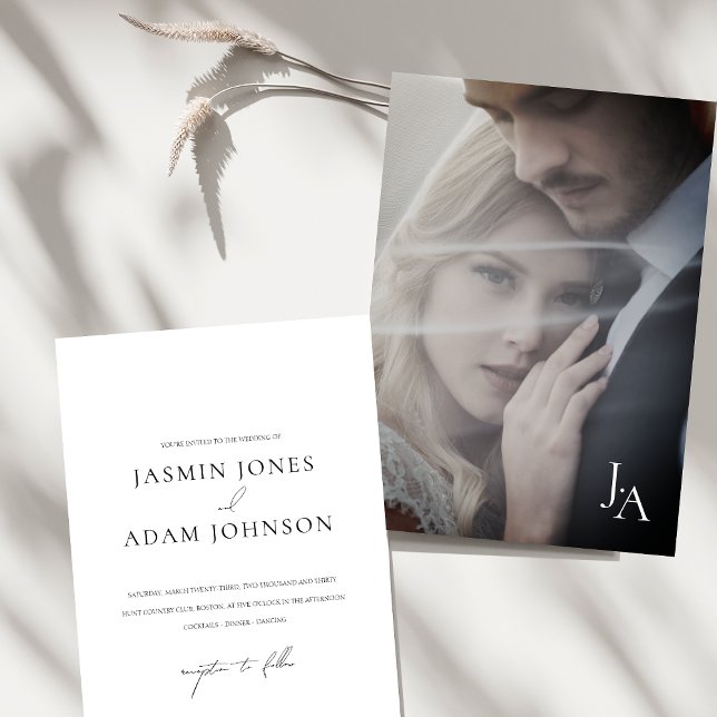 Invitación Boda fotográfico sencillo de monograma blanco mini (Minimalist White Simple Monogram Photo Wedding Invitation)