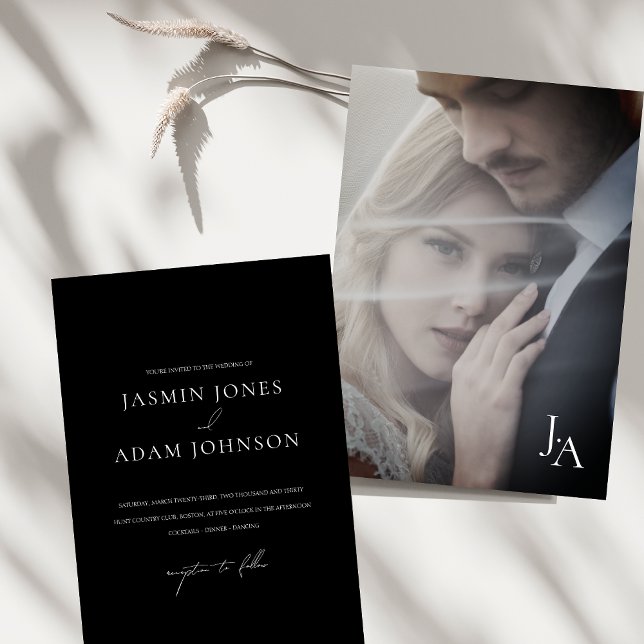 Invitación Boda fotográfico simple de monograma negro minimal (Minimalist Black Simple Monogram Photo Wedding Invitation)