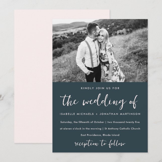 Invitación Boda fotográfico simple de Rubor azul mínimo (Anverso / Reverso)