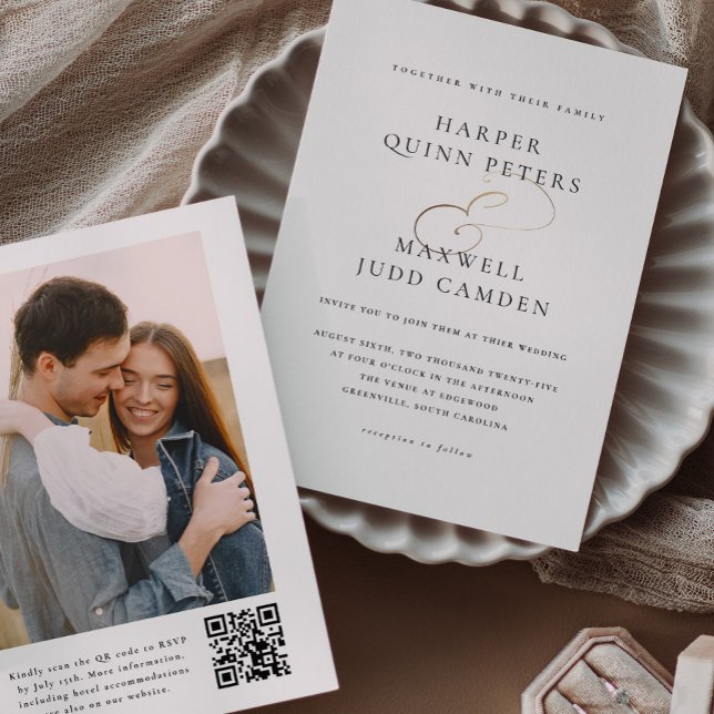 Invitación Boda fotográfico simple y elegante (Elegant Typography Black and White with Gold Photo Wedding Invitation with QR code.)