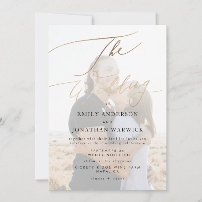 Invitación Boda fotográfico simple y moderno de caligrafía de (Anverso)