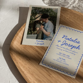 Invitación Boda fotográfico sinóptico moderno con retro azul