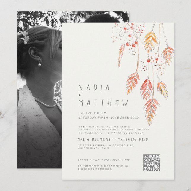 Invitación Boda fotográfico sobre hierba y bayas caídas (Anverso / Reverso)