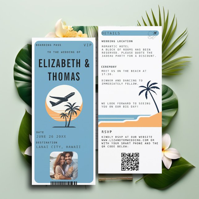 Invitación Boda fotográfico tropical moderno de destino de pl (tropical beach destination wedding invitation boarding pass qr code all in one photo QR modern)