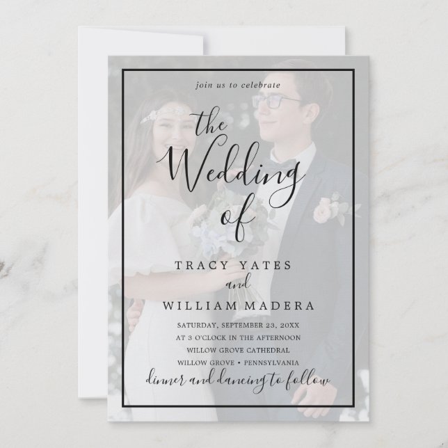 Invitación Boda fotográfico Vellum de caligrafía negra y blan (Anverso)