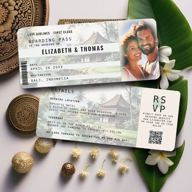 Invitación Boda fotográfico verde de Bali Destination Boardin (photo boarding pass destination wedding invitation rsvp qr code bali indonesia watercolor elegant)