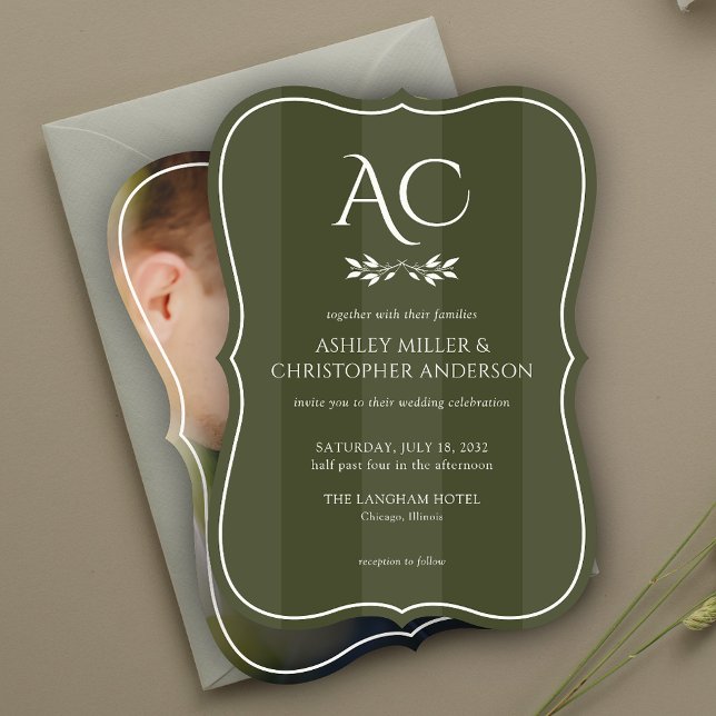 Invitación Boda fotográfico verde de oliva trenzada de monogr (Subido por el creador)