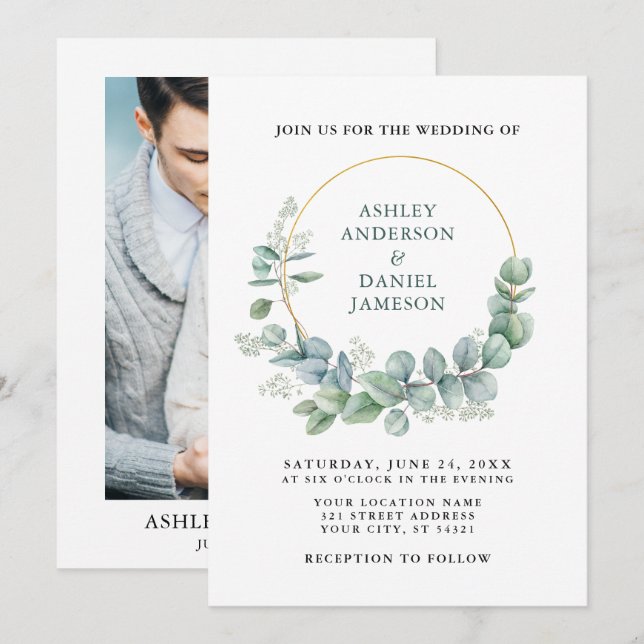 Invitación Boda fotográfico verde Eucalyptus Gold (Anverso / Reverso)