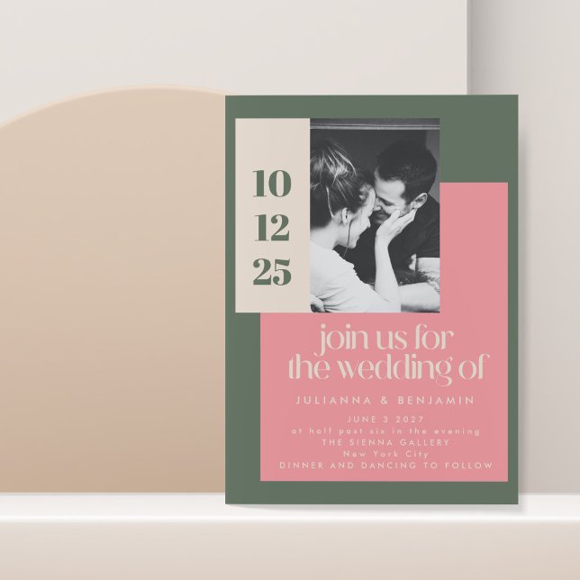Invitación Boda fotográfico verde y rosa geométrico de moda (Subido por el creador)