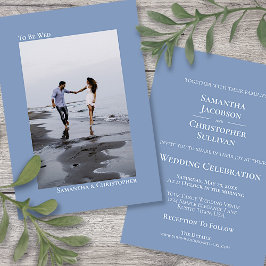 Invitación Boda fotográfico vertical azul turbio y minimalist