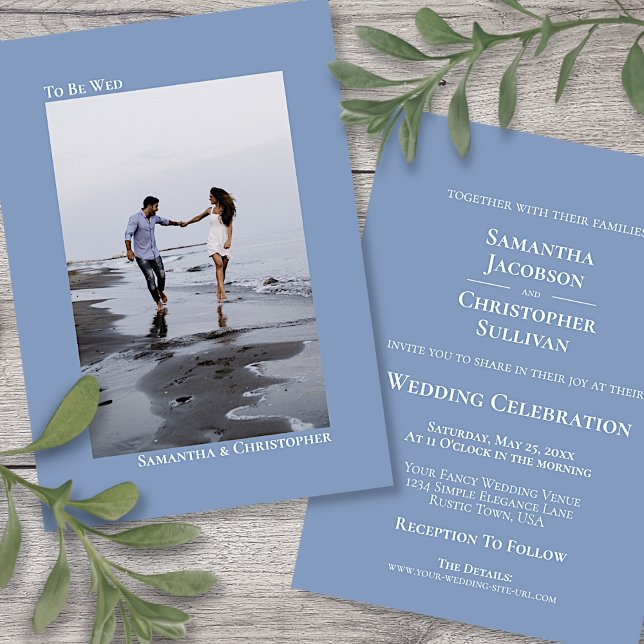 Invitación Boda fotográfico vertical azul turbio y minimalist (Front and Back)