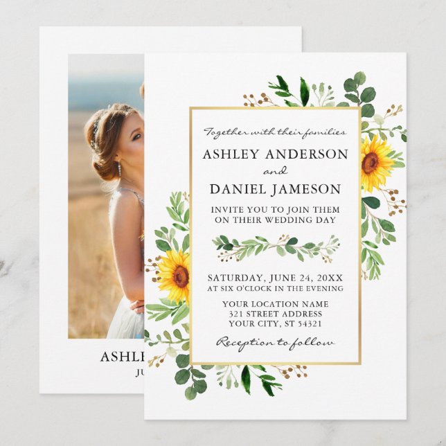 Invitación Boda fotográfico Watercolor Greenery Sunflowers Go (Anverso / Reverso)