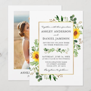 Invitación Boda fotográfico Watercolor Greenery Sunflowers Go