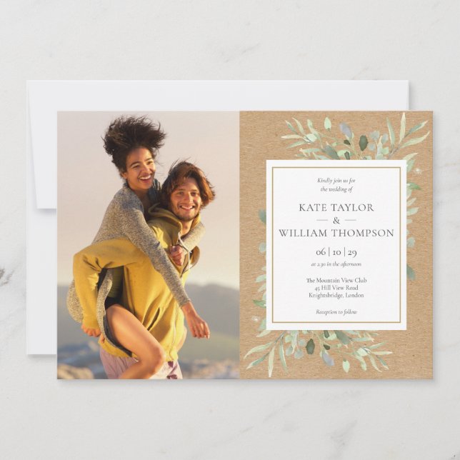 Invitación Boda Fotos Kraft Rústico Verde Botánico (Anverso)