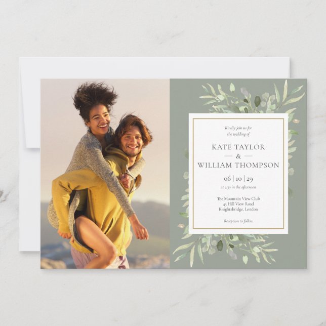 Invitación Boda Fotos Verde Menta Verde Botanical Greenery Do (Anverso)