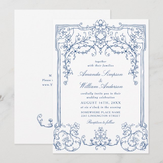 Invitación Boda francés Blue Victorian Ornate Grace Floral (Anverso / Reverso)