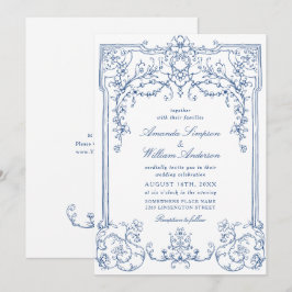 Invitación Boda francés Blue Victorian Ornate Grace Floral