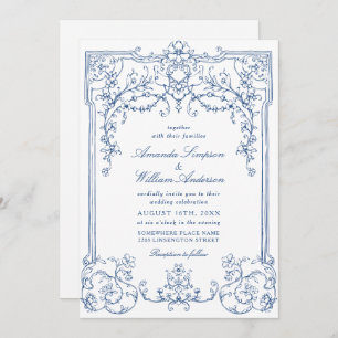 Invitación Boda francés Blue Victorian Ornate Grace Floral