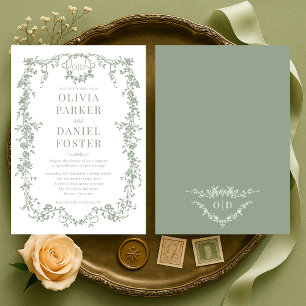 Invitación Boda francesa victoriana monocroma verde chic sage