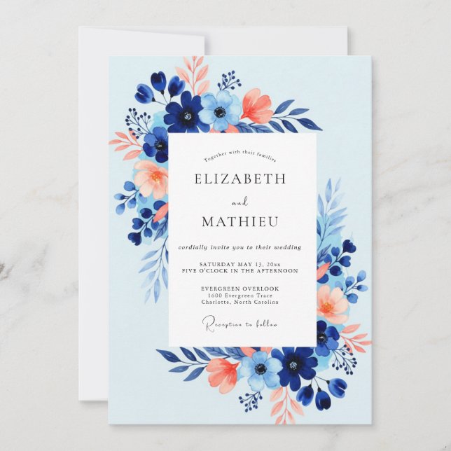 Invitación Boda Fresca Costera de Azul Cielo (Anverso)