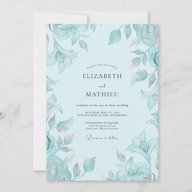 Invitación Boda Frondosa Cerúlea Helada (Anverso)