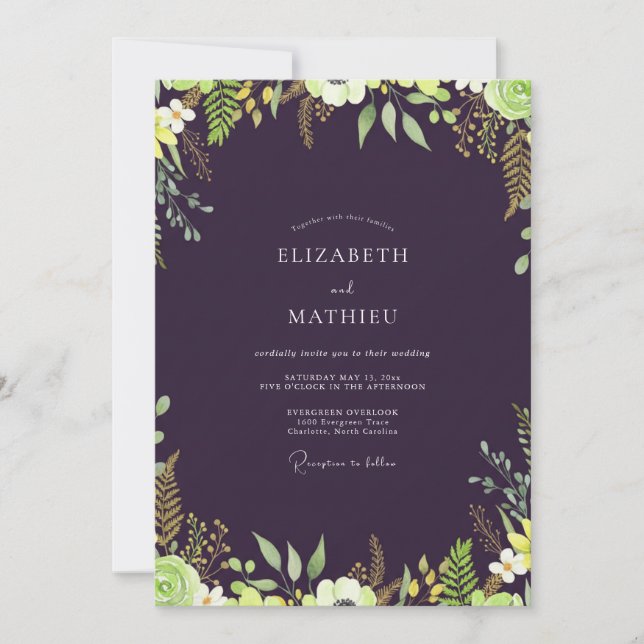 Invitación Boda Frondosa Chartreuse Berenjena (Anverso)