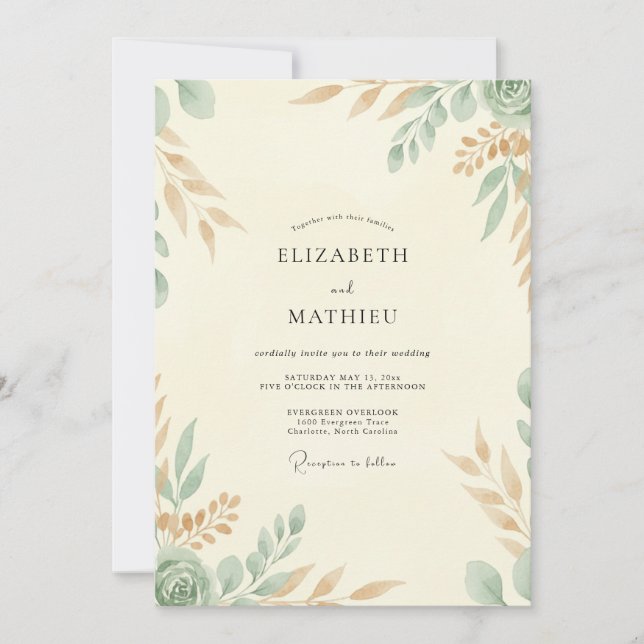 Invitación Boda Frondosa Cream Celadon (Anverso)