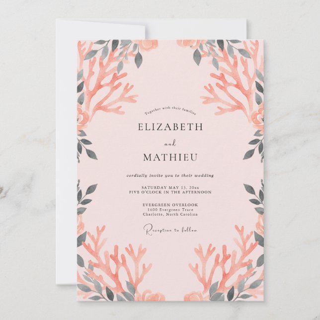 Invitación Boda Frondosa de Carbón de Coral (Anverso)