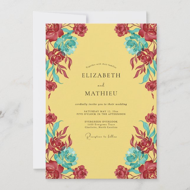 Invitación Boda Frondosa de Carmesí y Turquesa (Anverso)