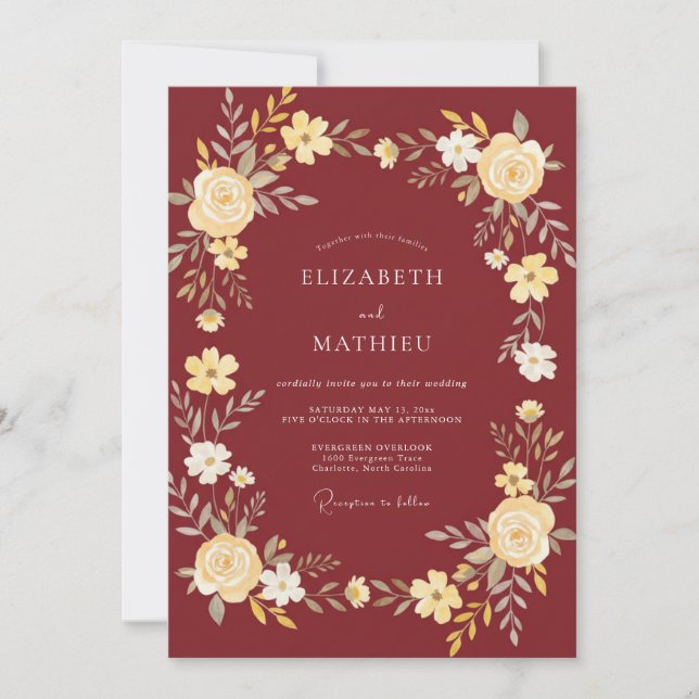 Invitación Boda Frondosa de Crema Carmesí (Anverso)