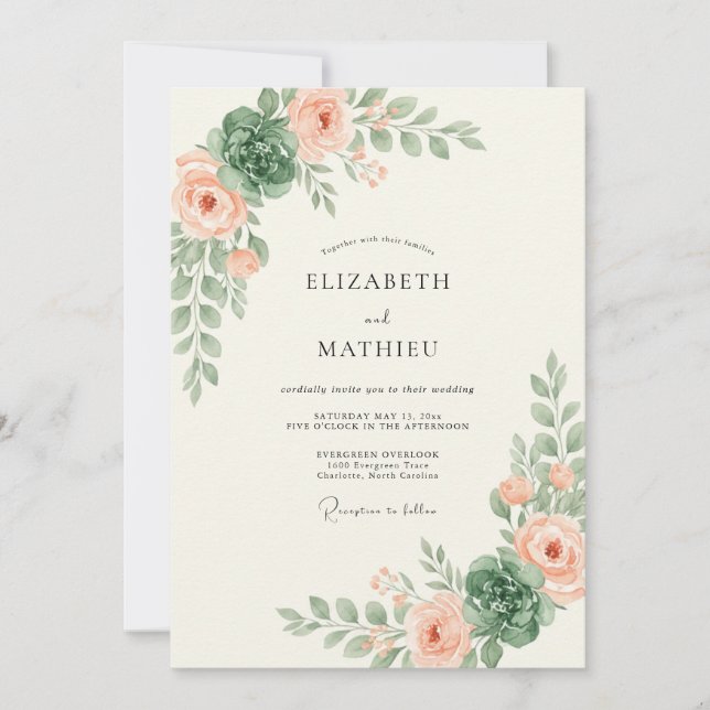 Invitación Boda Frondosa de Crema y Melocotón (Anverso)