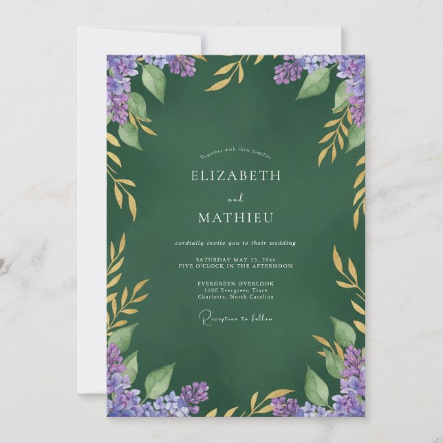 Invitación Boda Frondosa de Lila Forestal (Anverso)