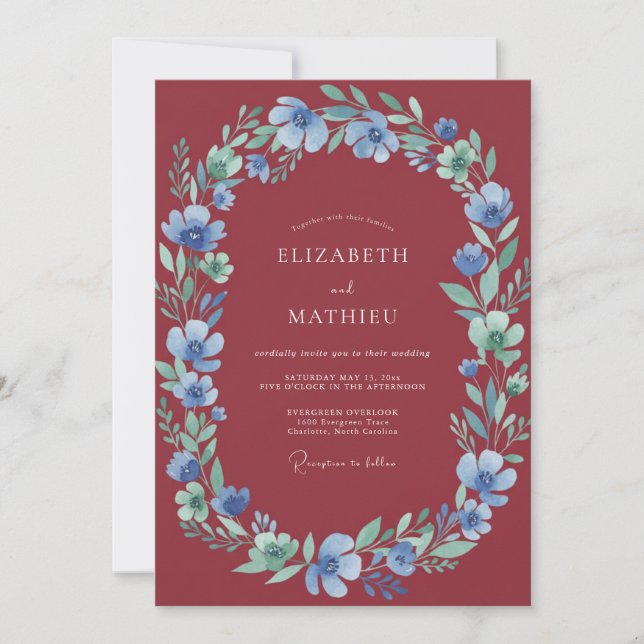 Invitación Boda Frondosa de Marsala y Periwinkle (Anverso)