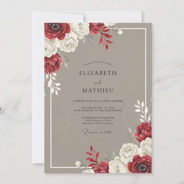 Invitación Boda Frondosa de Mocha Carmesí (Anverso)