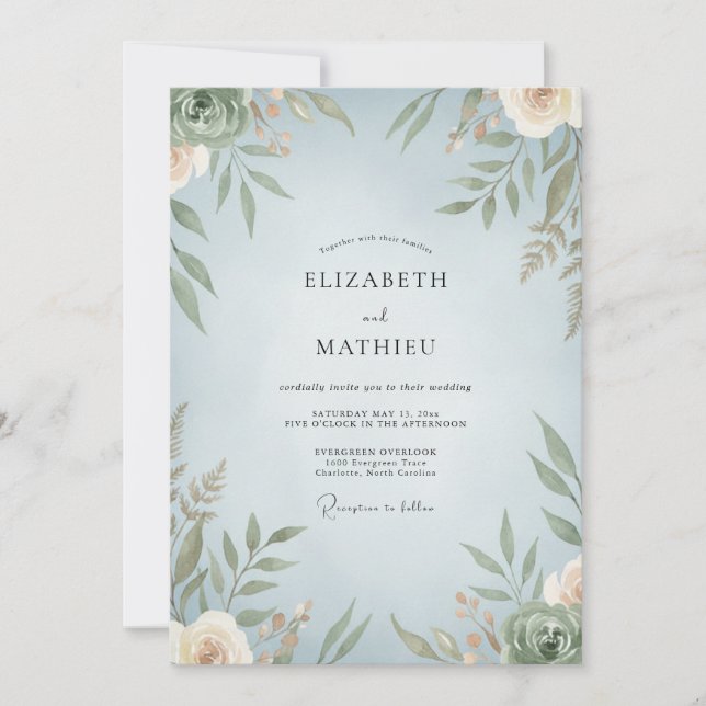 Invitación Boda Frondosa de Oliva Azul (Anverso)